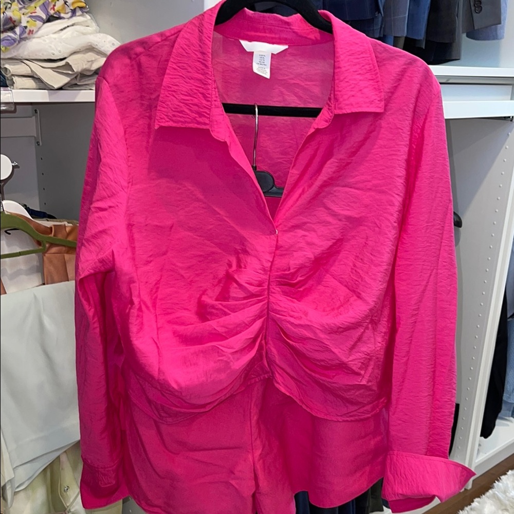 H&M Pink Ruched Notched Collar Top